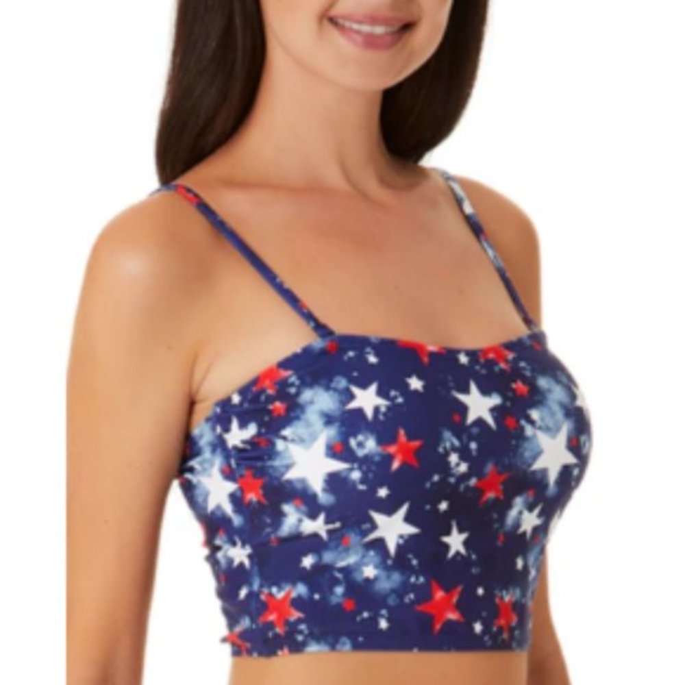 California Waves Splatter-Star‎ Long-Line Bandeau Bikini Swim Top Blue